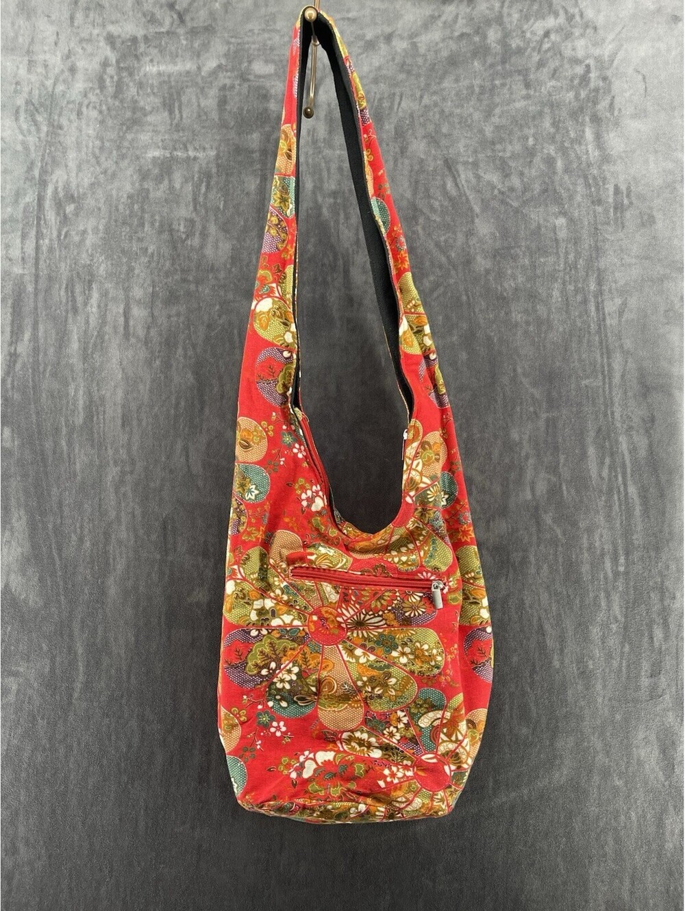 Boho Floral Crossbody Hobo Bag Red Cotton Hippie Festival Shoulder Purse